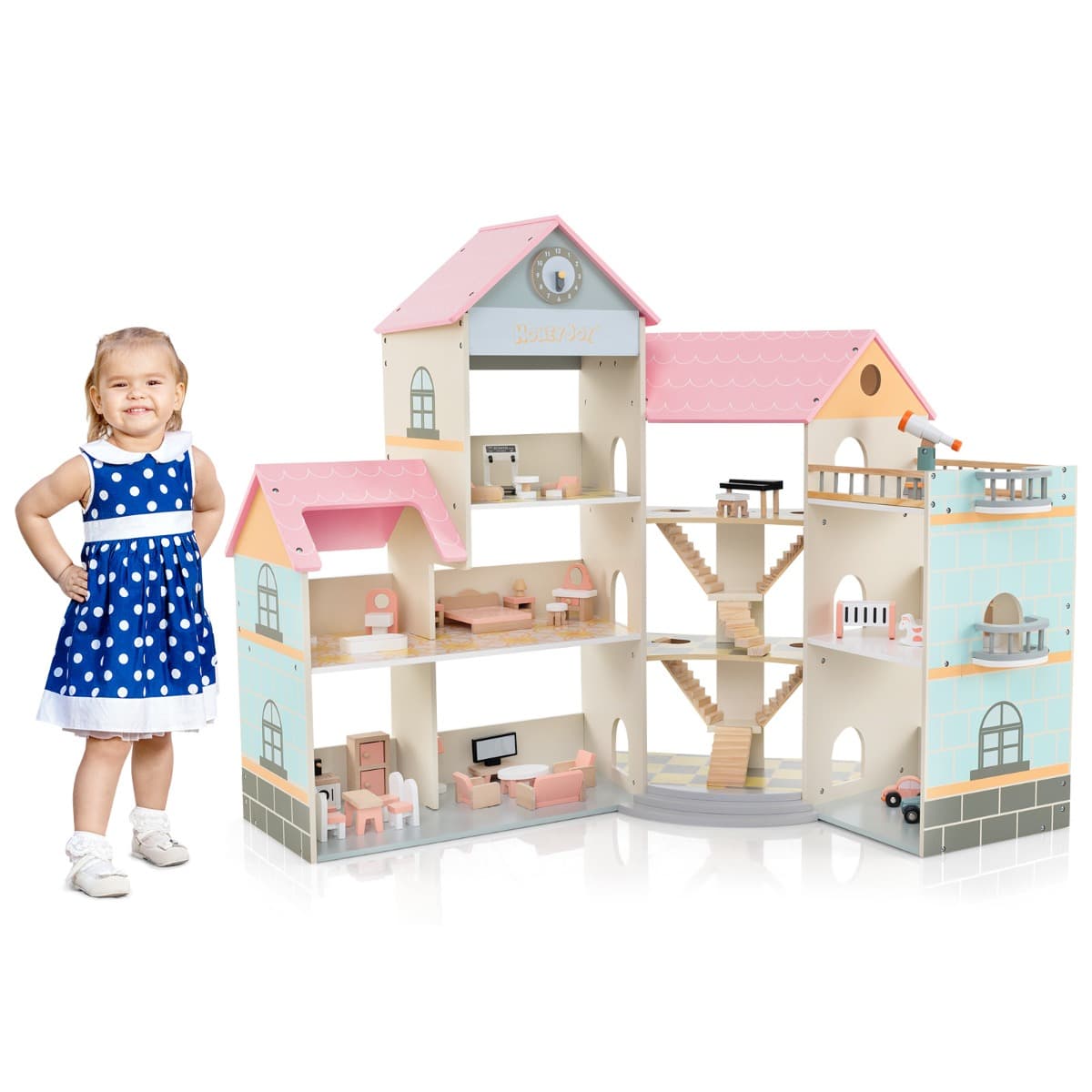 CostwayMaison de Poupée d'Angle en Bois au Toit Rose 41 Meubles et Accessoires 3 Etages 6 Chambres pour Enfants de 3 Ans et Plus Rose