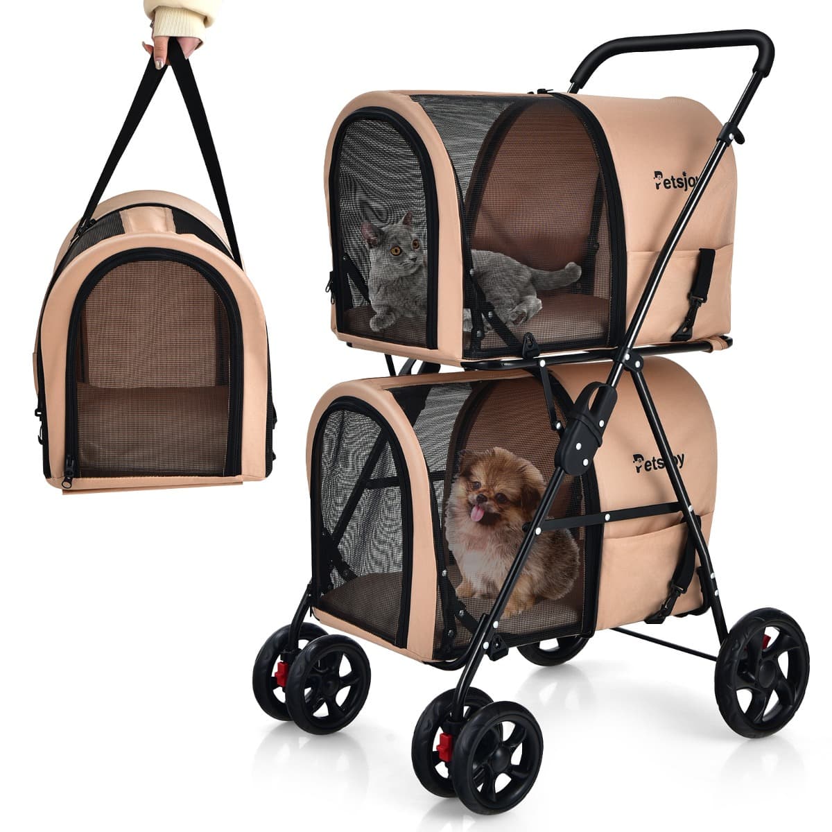 CostwayPoussette pour Chien Chat Animaux Poussette de Voyage avec 2 Cages Détachables Roues Avant Universelles Beige