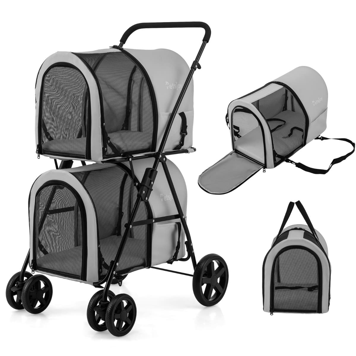 CostwayPoussette pour Chien Chat Animaux Poussette de Voyage avec 2 Cages Détachables Roues Avant Universelles Gris
