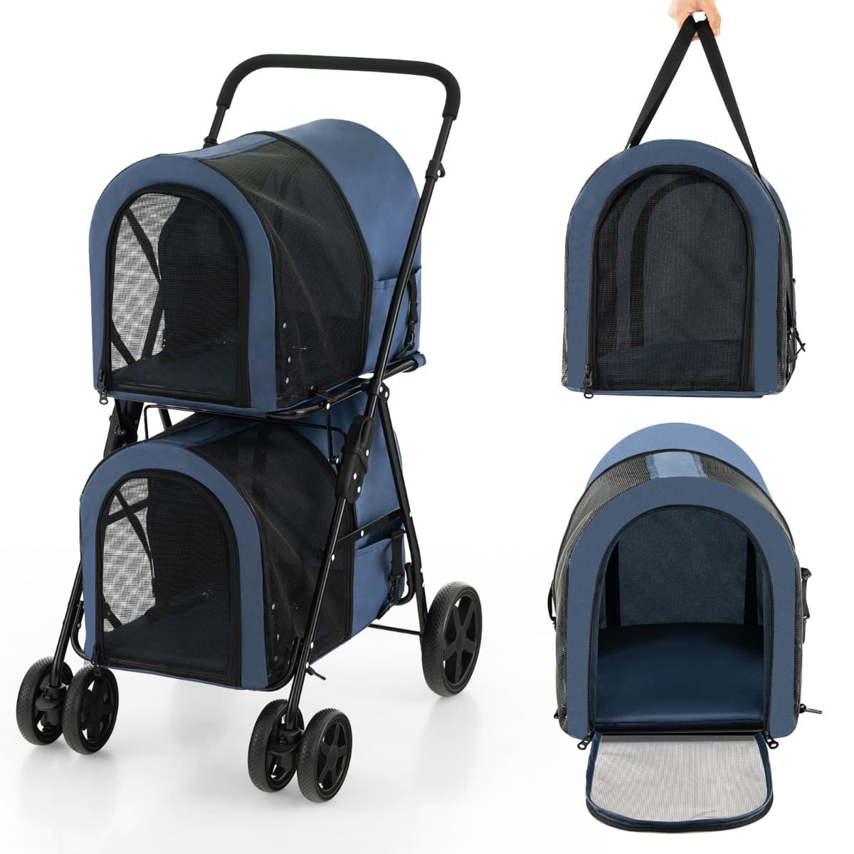 CostwayPoussette pour Chien Chat Animaux Poussette de Voyage avec 2 Cages Détachables Roues Avant Universelles