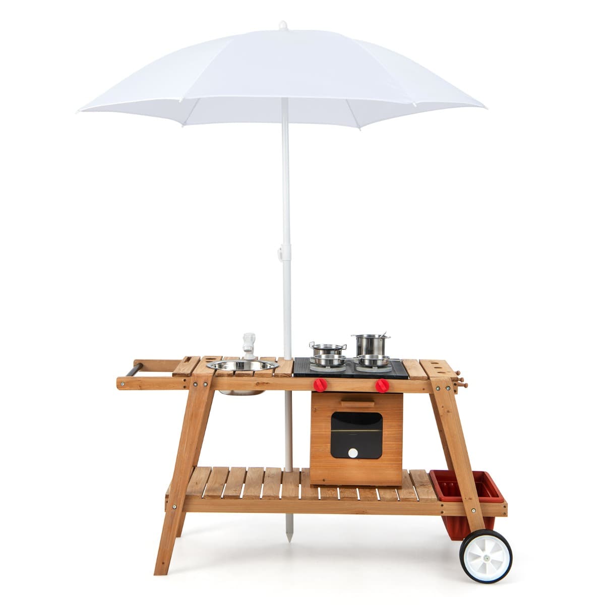 CostwayMarchande Enfant avec Accessoires Voiture Restaurant avec Parasol pour Vendeurs Ambulants Bois 114 x 48 x 59 CM