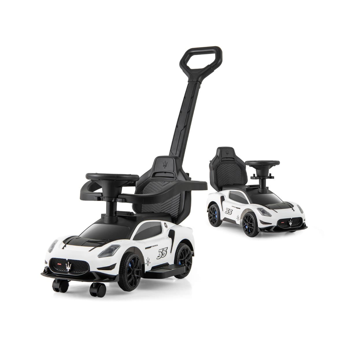 CostwayVoiture à Pousser Sous Licence Maserati 3 en 1 pour Enfants 2 Roues Universelles Direction Musicale Garde-corps Guidon pour 18-60 Mois Blanc