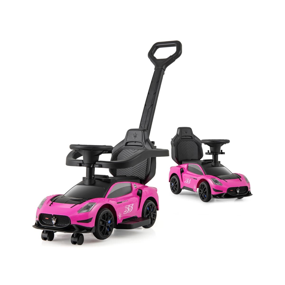 CostwayVoiture à Pousser Sous Licence Maserati 3 en 1 pour Enfants 2 Roues Universelles Direction Musicale Garde-corps Guidon pour 18-60 Mois Rose