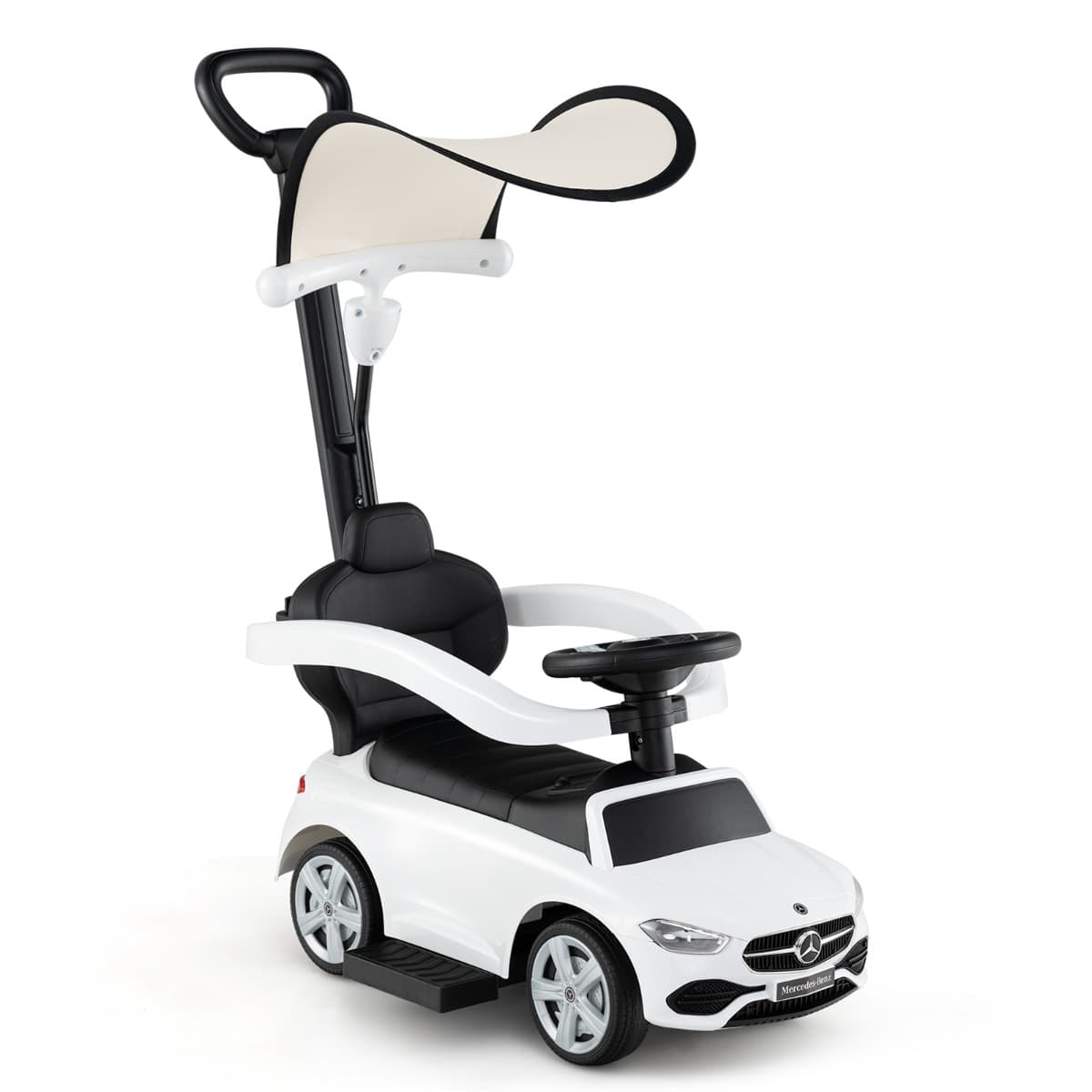 CostwayVoiture à Pousser 3-en-1 Mercedes-Benz sous Licence avec Canopy rRéglable et Barre de Direction pour 18- 36 Mois Charge 25kg Blanc
