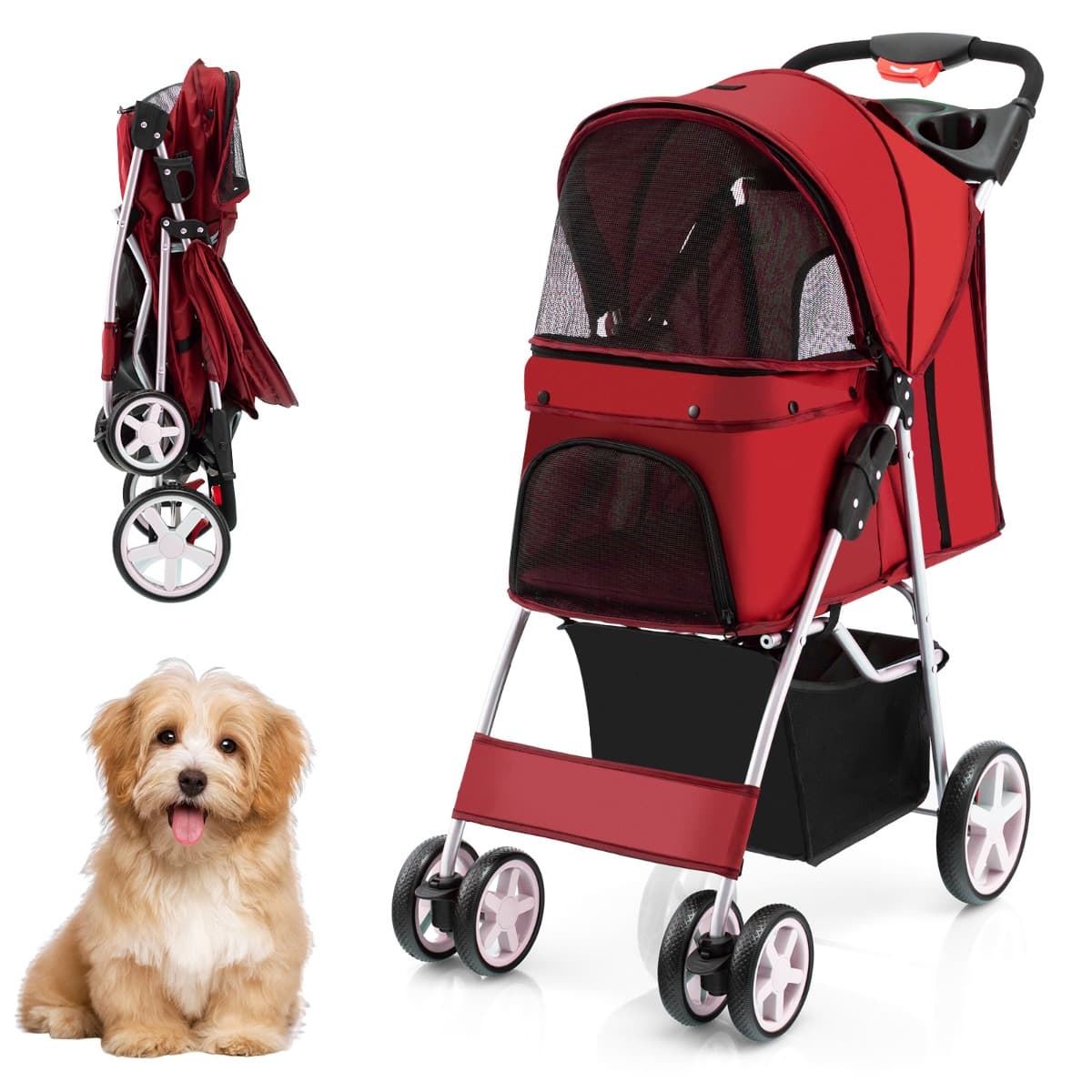 CostwayPoussette Pliable pour Chien et Chat à 4 Roues Charge 15KG Panier de Rangement Fenêtre en Maille Rouge