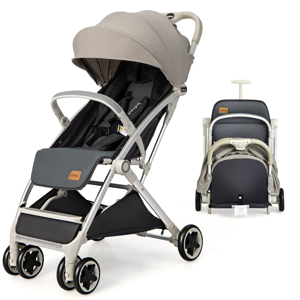CostwayPoussette de Voyage pour Bébé avec Pare-soleil Inclinable Porte-gobelet Harnais 5 Points Dossier Réglable Chancelière Rangement Inférieur Gris
