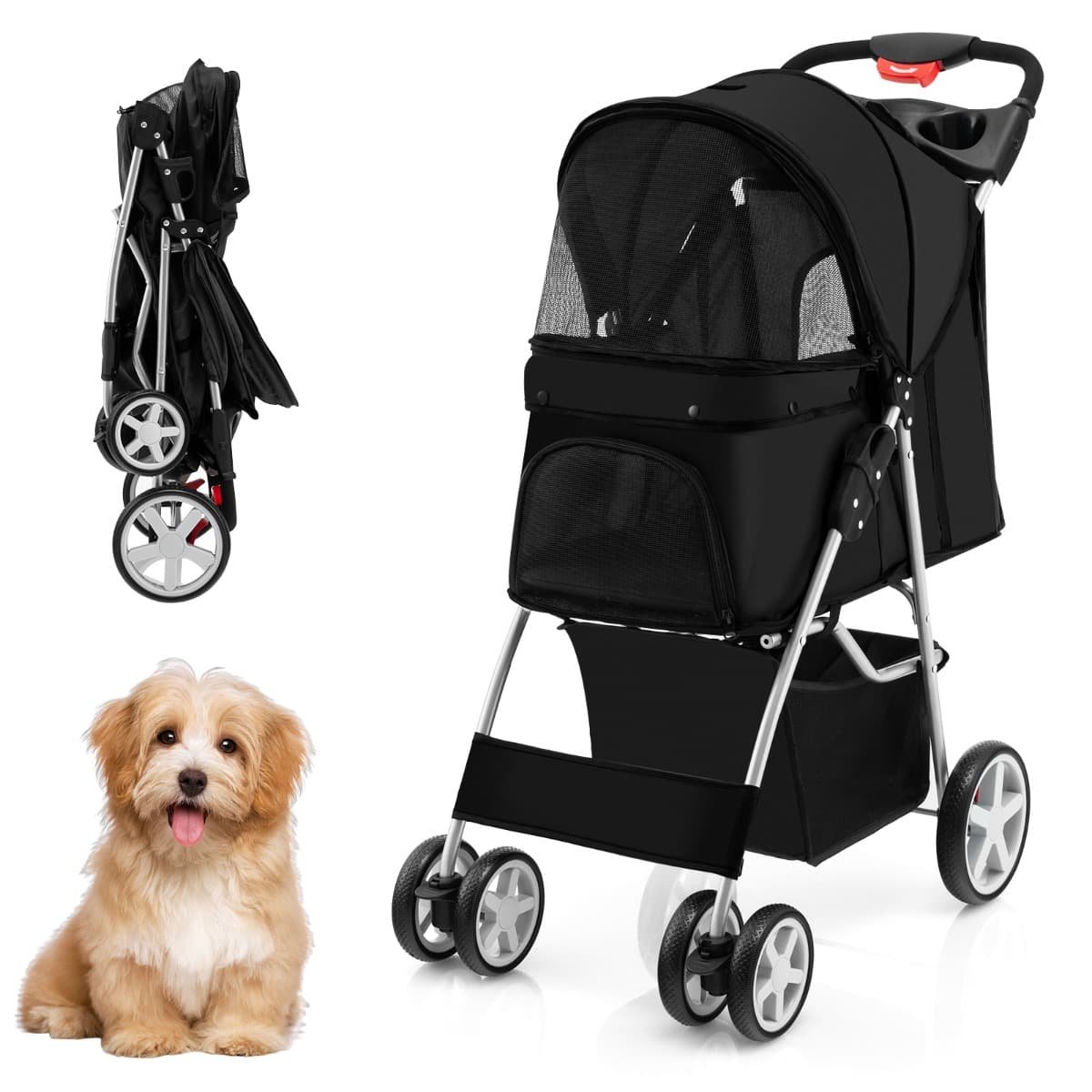 CostwayPoussette Pliable pour Chien et Chat à 4 Roues Charge 15KG Panier de Rangement Fenêtre en Maille Noir
