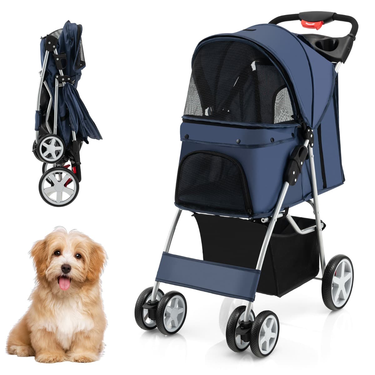 CostwayPoussette Pliable pour Chien et Chat à 4 Roues Charge 15KG Panier de Rangement Fenêtre en Maille Bleu