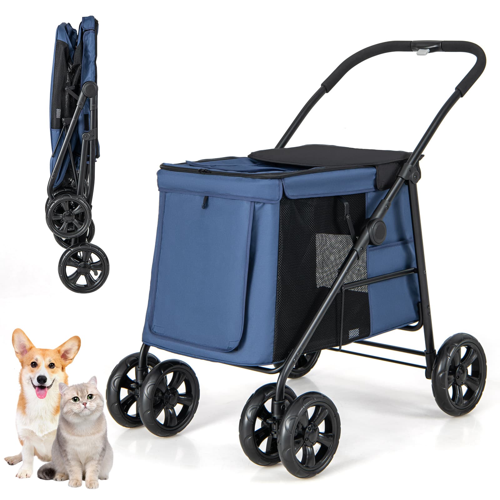 CostwayPoussette Pliante pour Chien de Petite et Moyenne Taille Chariot de Voyage Portable avec Maille Respirante Lucarne Poches de Rangement Bleu