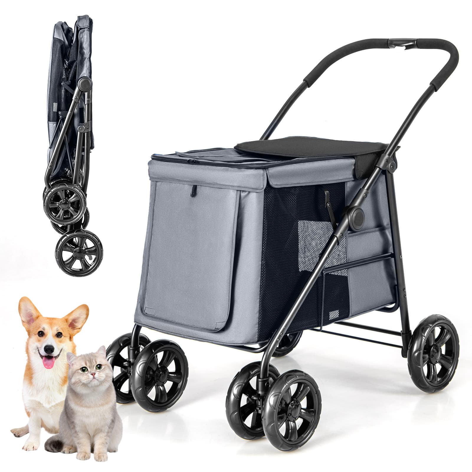 CostwayPoussette Pliante pour Chien de Petite et Moyenne Taille Chariot de Voyage Portable avec Maille Respirante Lucarne Poches de Rangement Gris